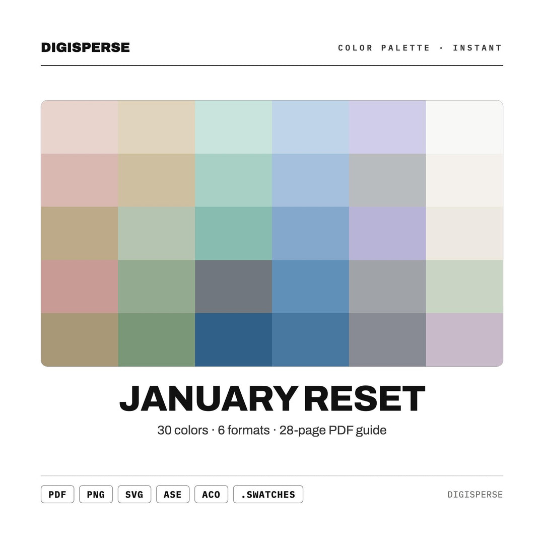 January Reset Color Palette | 30 Colors | Hex RGB CMYK | Procreate Swatches + ASE | Digital Download