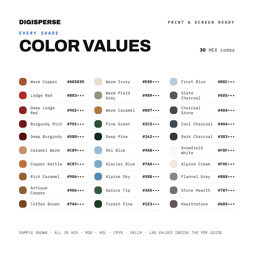 Warm Rustic Color Palette for Cozy Winter Cabin Art and Alpine Branding, 30 Fireside Ember Hues, Procreate Swatches