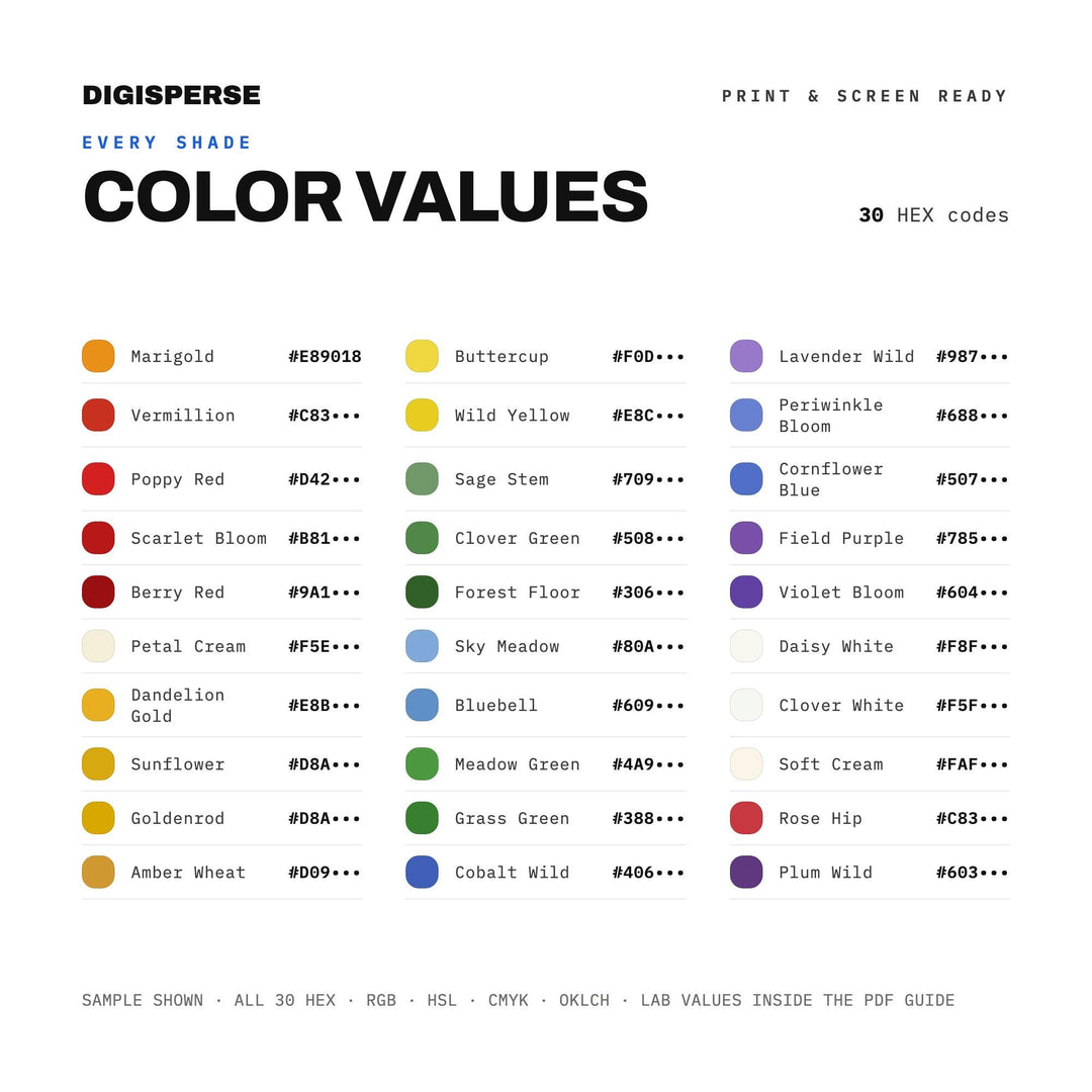 Late May Wildflower Color Palette | 30 Colors | Hex RGB CMYK | Procreate Swatches + ASE | Digital Download