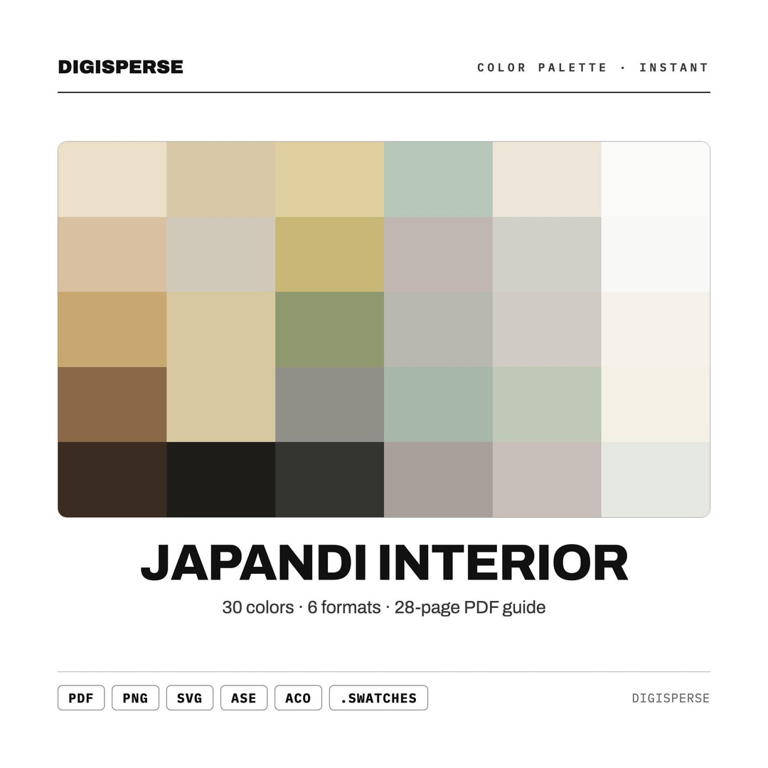 Japandi Interior Color Palette | 30 Colors | Hex RGB CMYK | Procreate Swatches + ASE | Digital Download