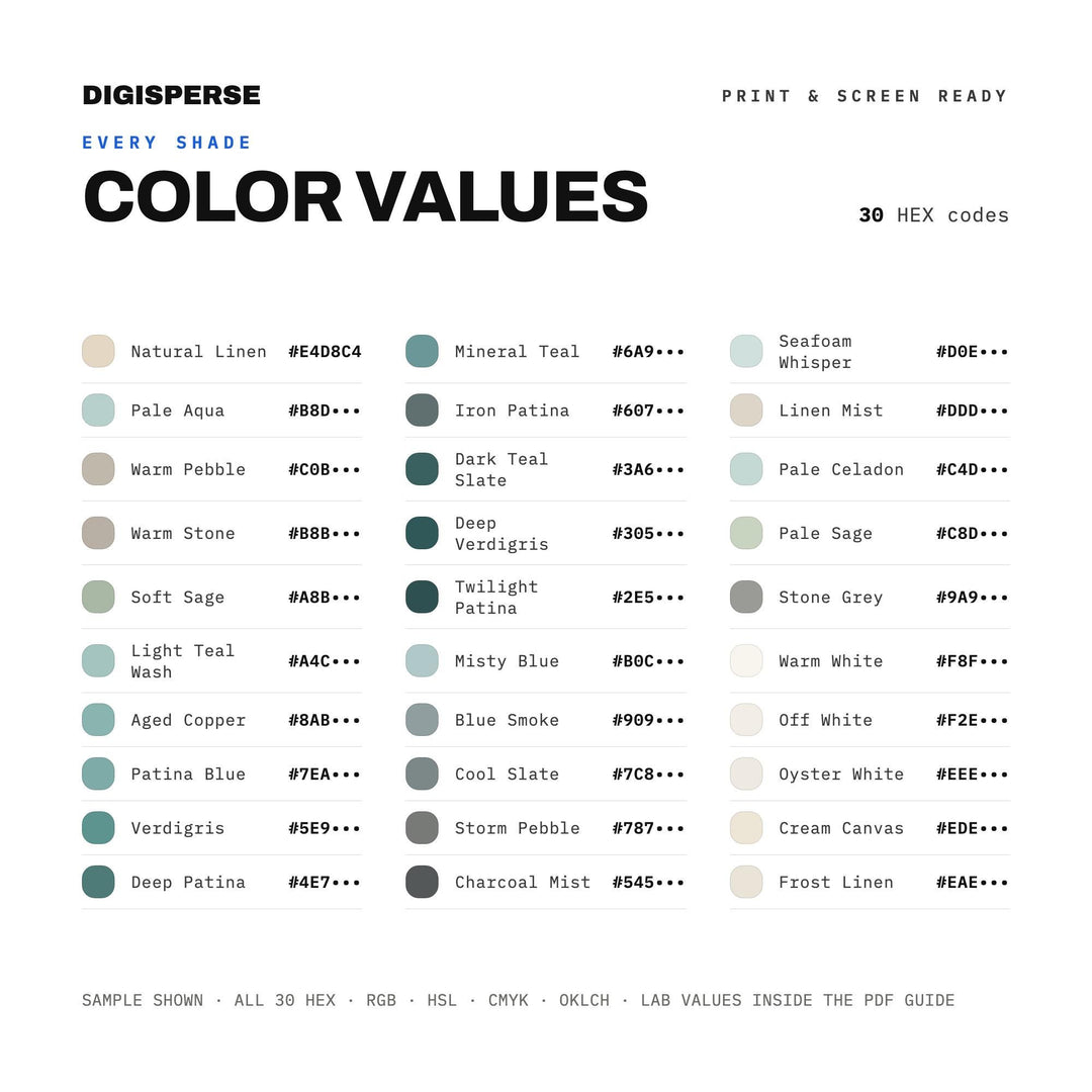 Patina Blue Minimalist Color Palette | 30 Colors | Hex RGB CMYK | Procreate Swatches + ASE | Digital Download