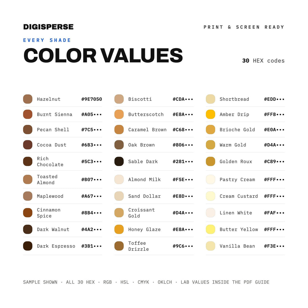 Warm Golden Color Palette for Cozy Baking Art and Rustic Kitchen Branding, 30 Brown Butter Hues, Procreate Swatches