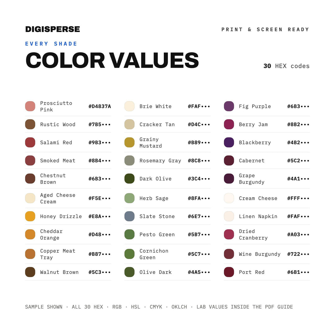 Warm Rustic Color Palette for Gourmet Food Art and Cozy Kitchen Branding, 30 Charcuterie Earthy Hues, Procreate Swatches