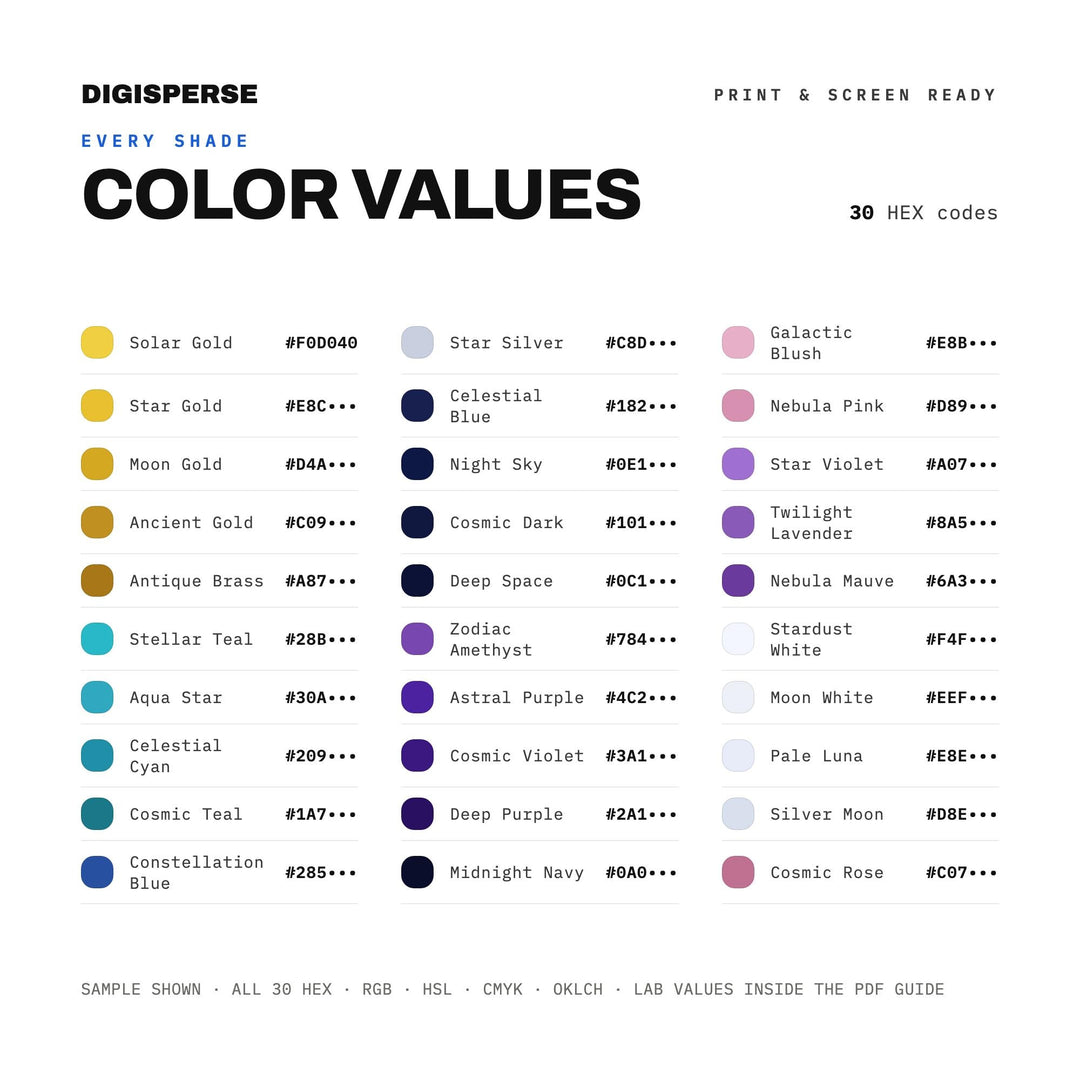 Deep Cosmic Color Palette for Zodiac Star Art and Celestial Branding, 30 Night Chart Hues, Procreate Swatches