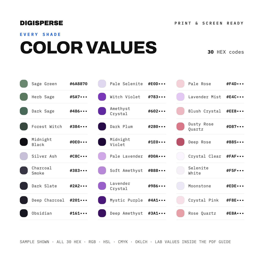 Crystal Witch Altar Color Palette | 30 Colors | Hex RGB CMYK | Procreate Swatches + ASE | Digital Download
