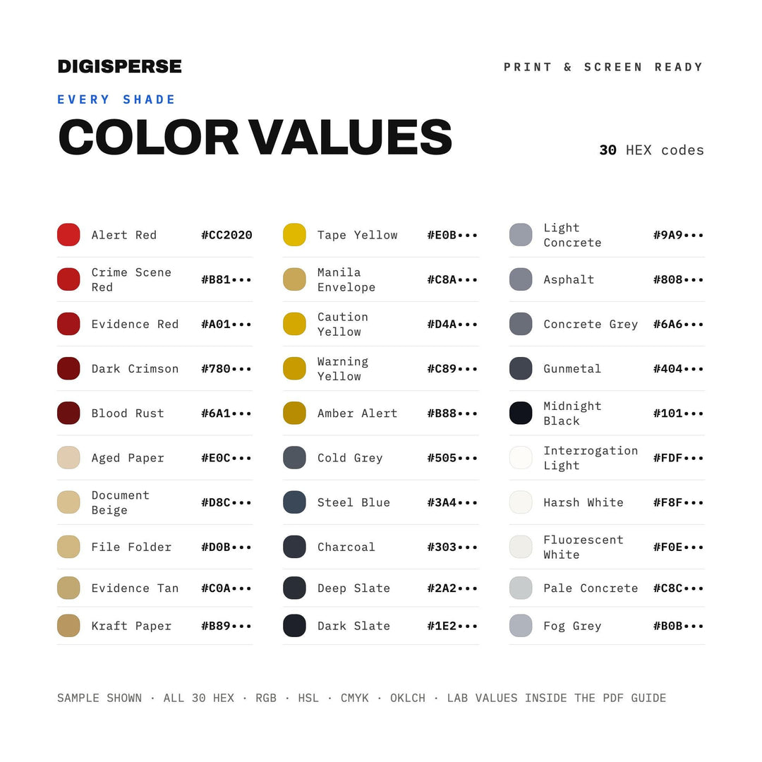 Dark Moody Color Palette for Noir Podcast Art and Mystery Branding, 30 Investigation Case Hues, Procreate Swatches, Hex Codes