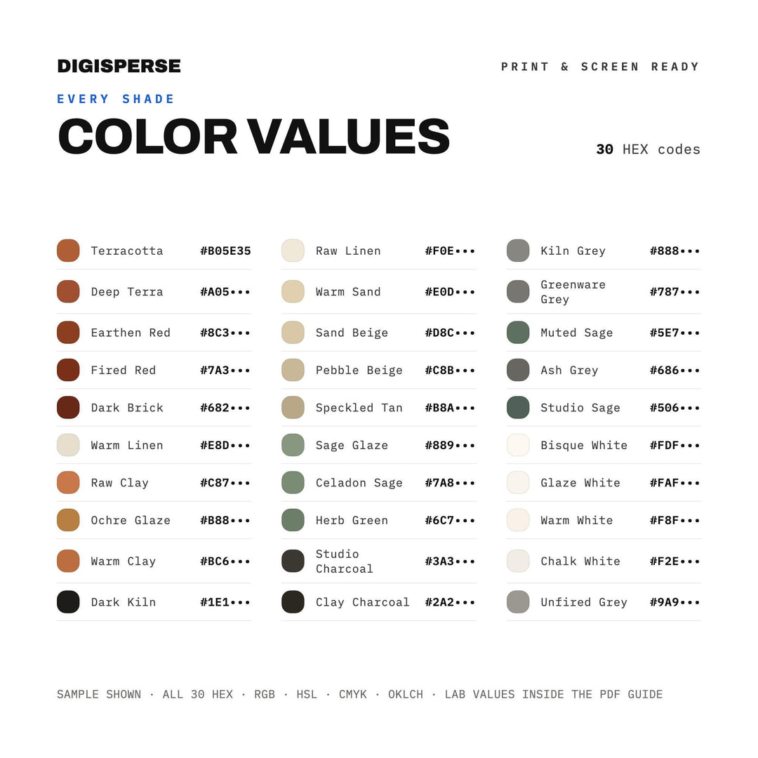 Ceramic Studio Morning Color Palette | 30 Earthy Tones (Digital Download)