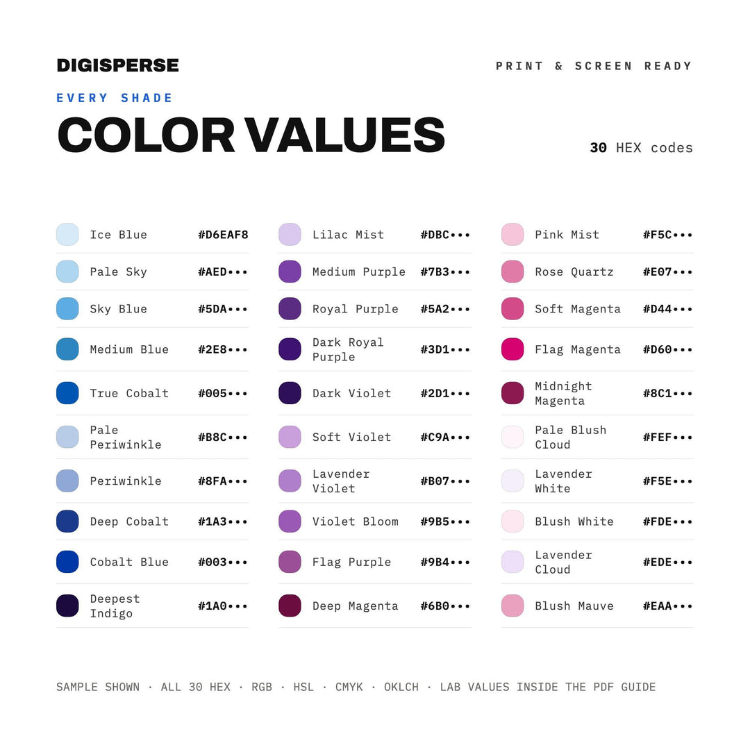 Bold Pride Color Palette for Bisexual Flag Art and LGBTQ Branding, 30 Pink Purple Blue Hues, Procreate Swatches
