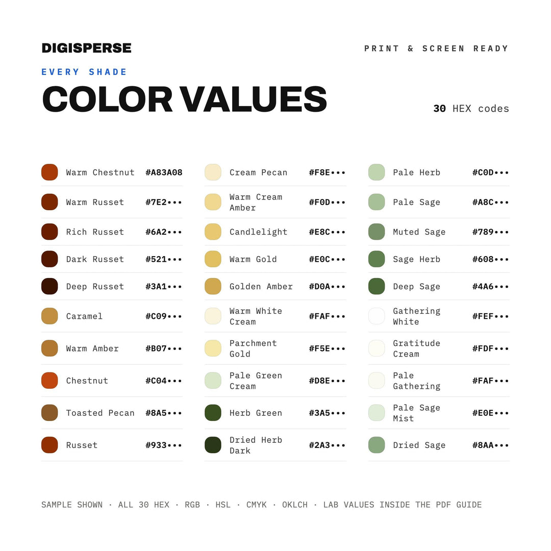Warm Thanksgiving Color Palette for Autumn Gathering Art and Cozy Branding, 30 Grateful Harvest Hues, Procreate Swatches