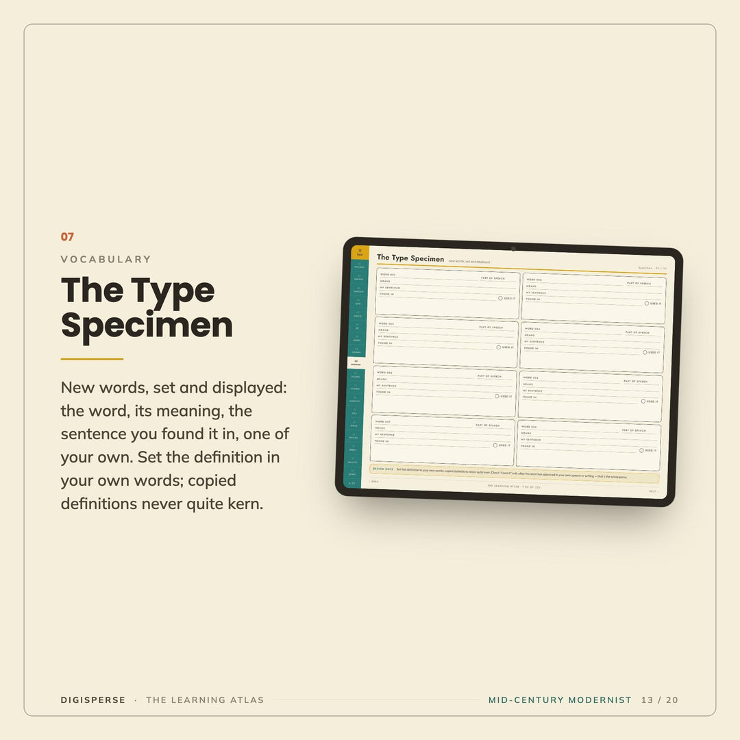 Mid-Century Modern Learning Journal | GoodNotes Study Planner PDF | Cornell Notes, Spaced Repetition, Reading Log | 5 Dated Formats