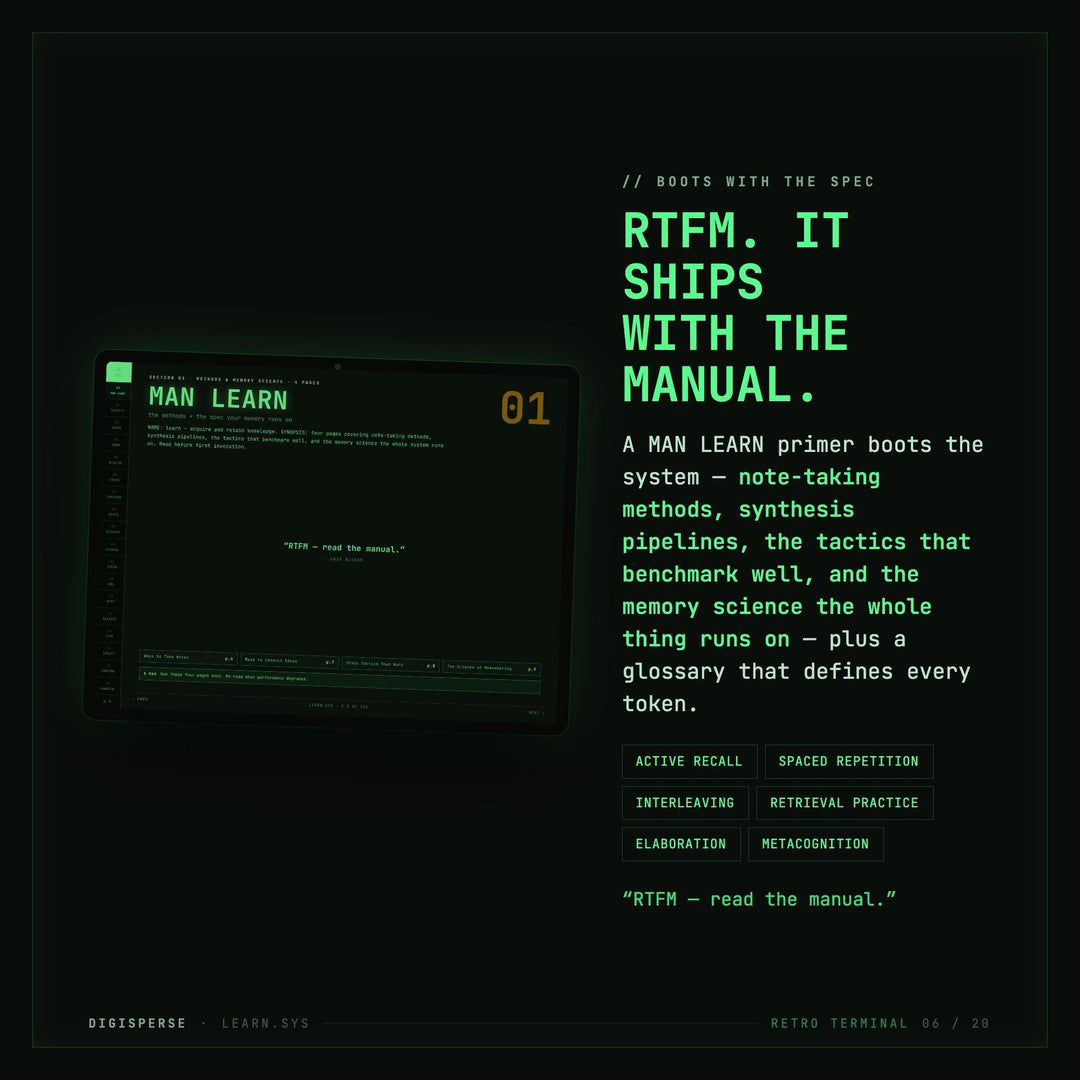 Dated Retro Terminal Learning Journal | Coder Study Planner, Spaced Repetition (PDF Download)