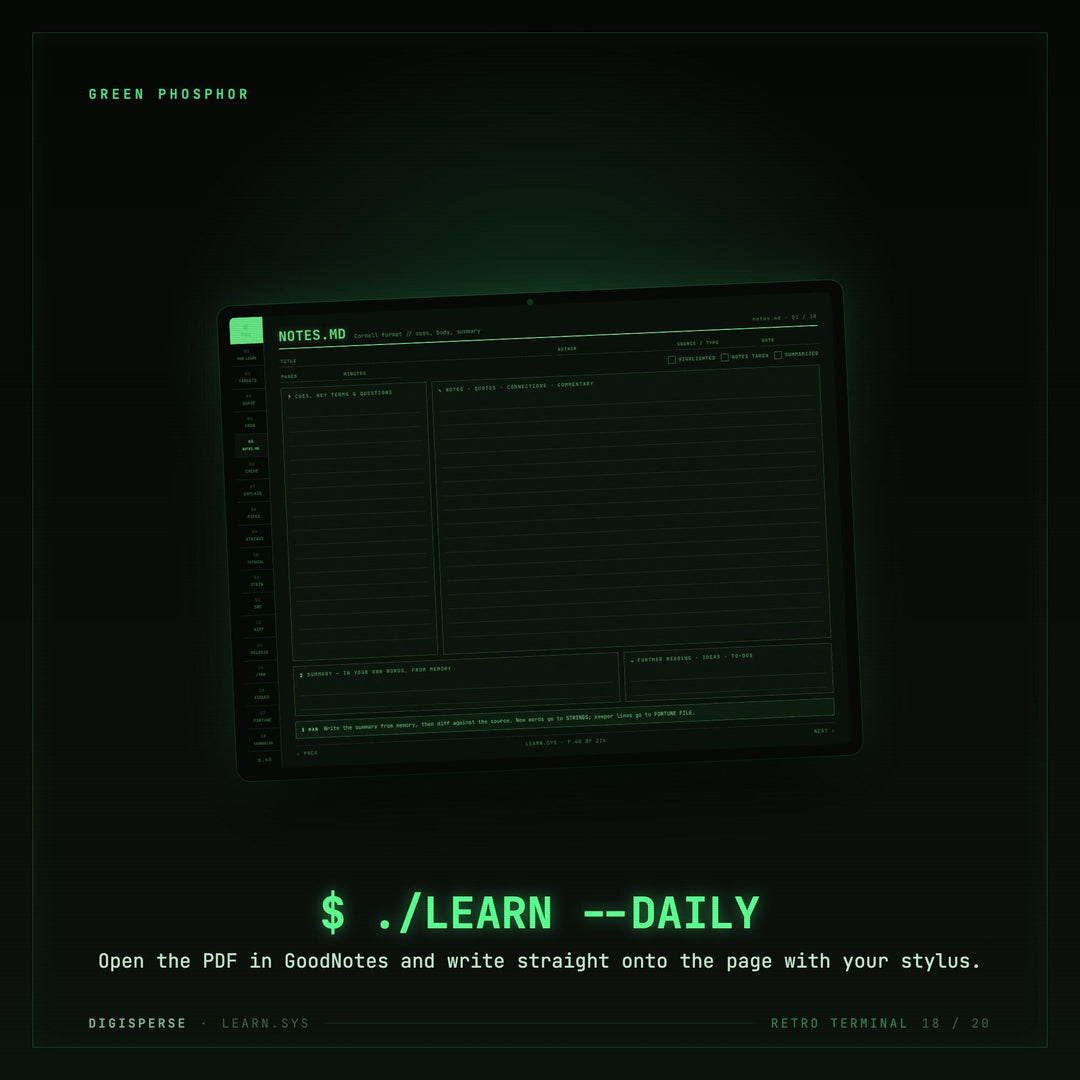 Dated Retro Terminal Learning Journal | Coder Study Planner, Spaced Repetition (PDF Download)