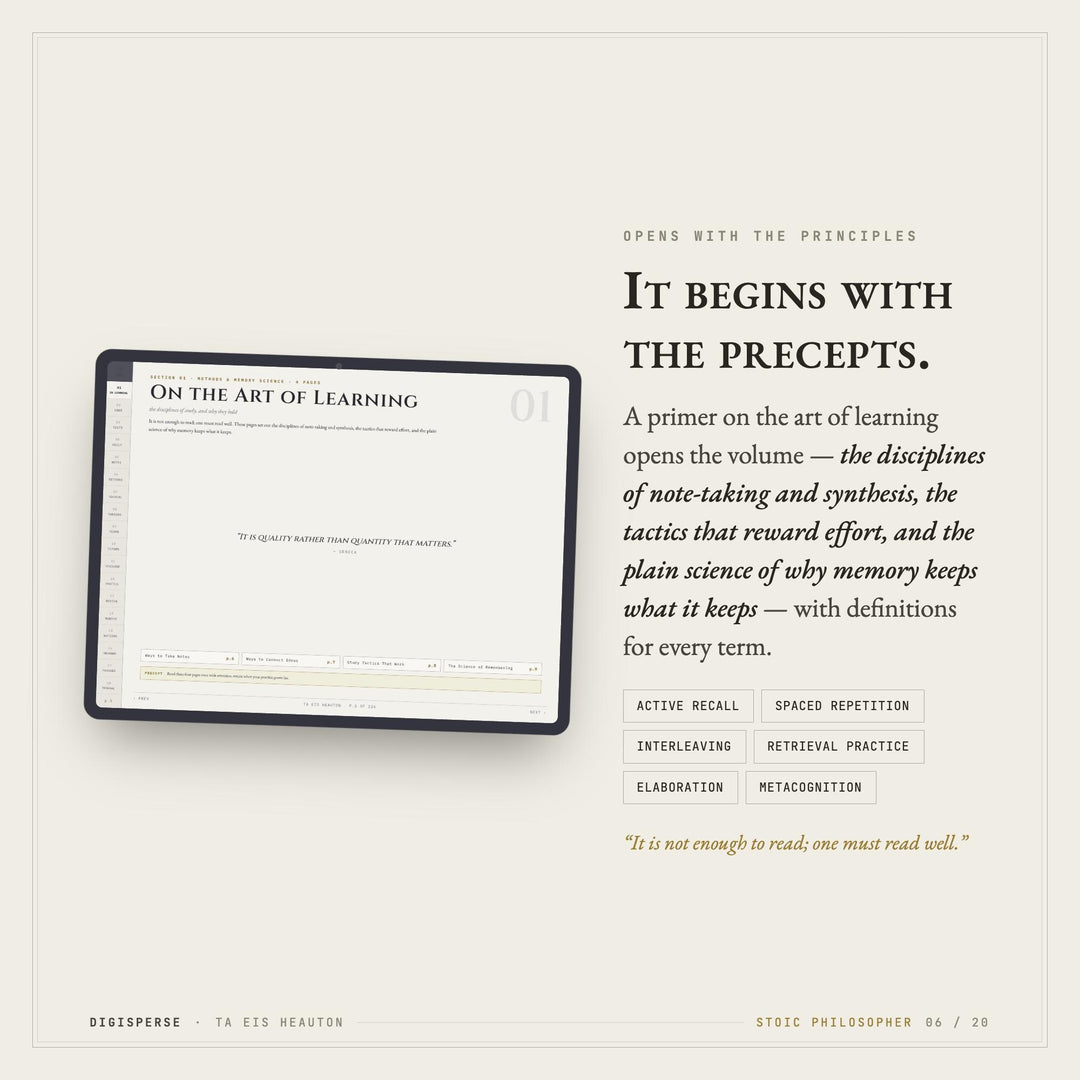 Stoic Learning Journal | GoodNotes Study + Reflection Planner PDF | Cornell Notes, Spaced Repetition, Reading Log | 5 Dated Formats