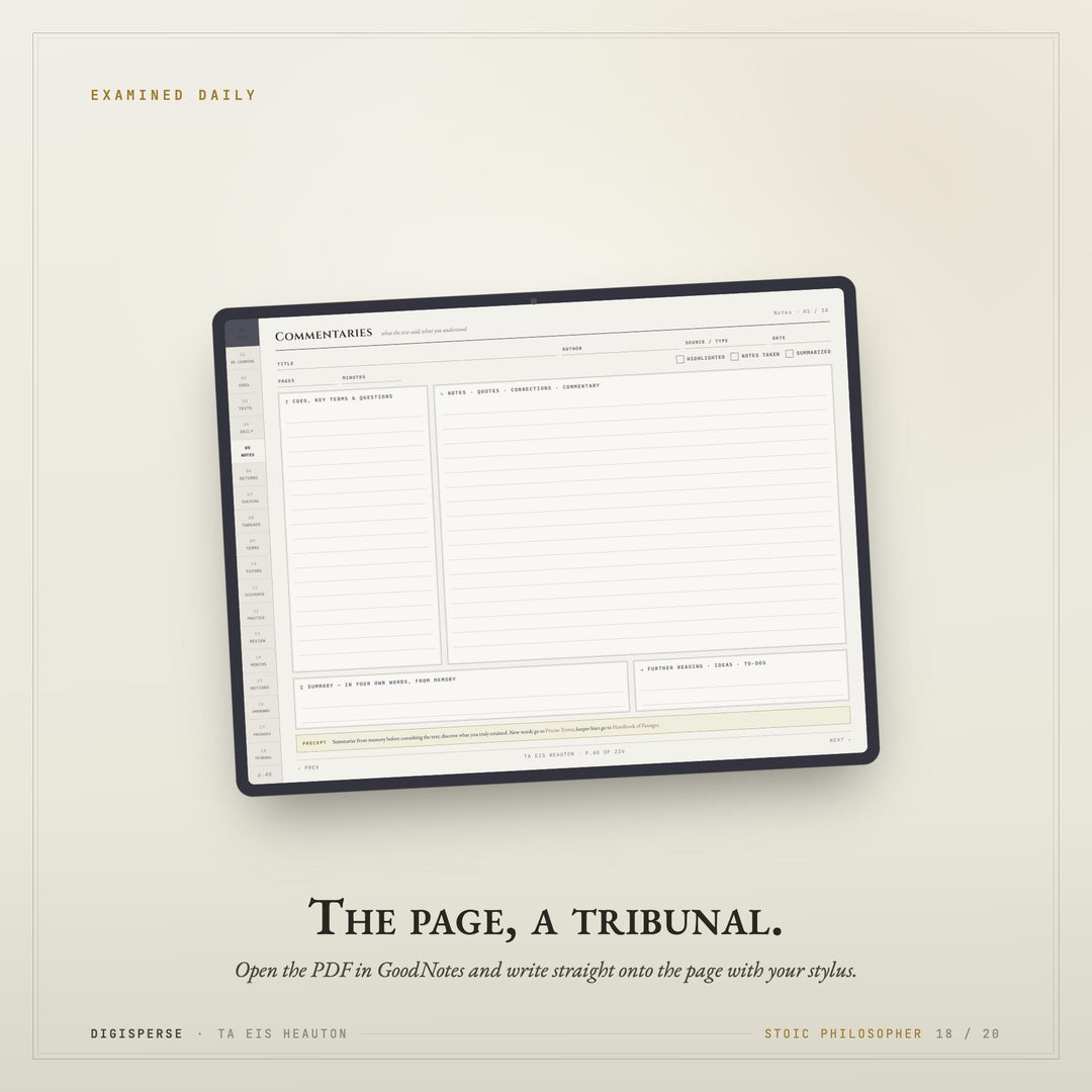 Stoic Learning Journal | GoodNotes Study + Reflection Planner PDF | Cornell Notes, Spaced Repetition, Reading Log | 5 Dated Formats