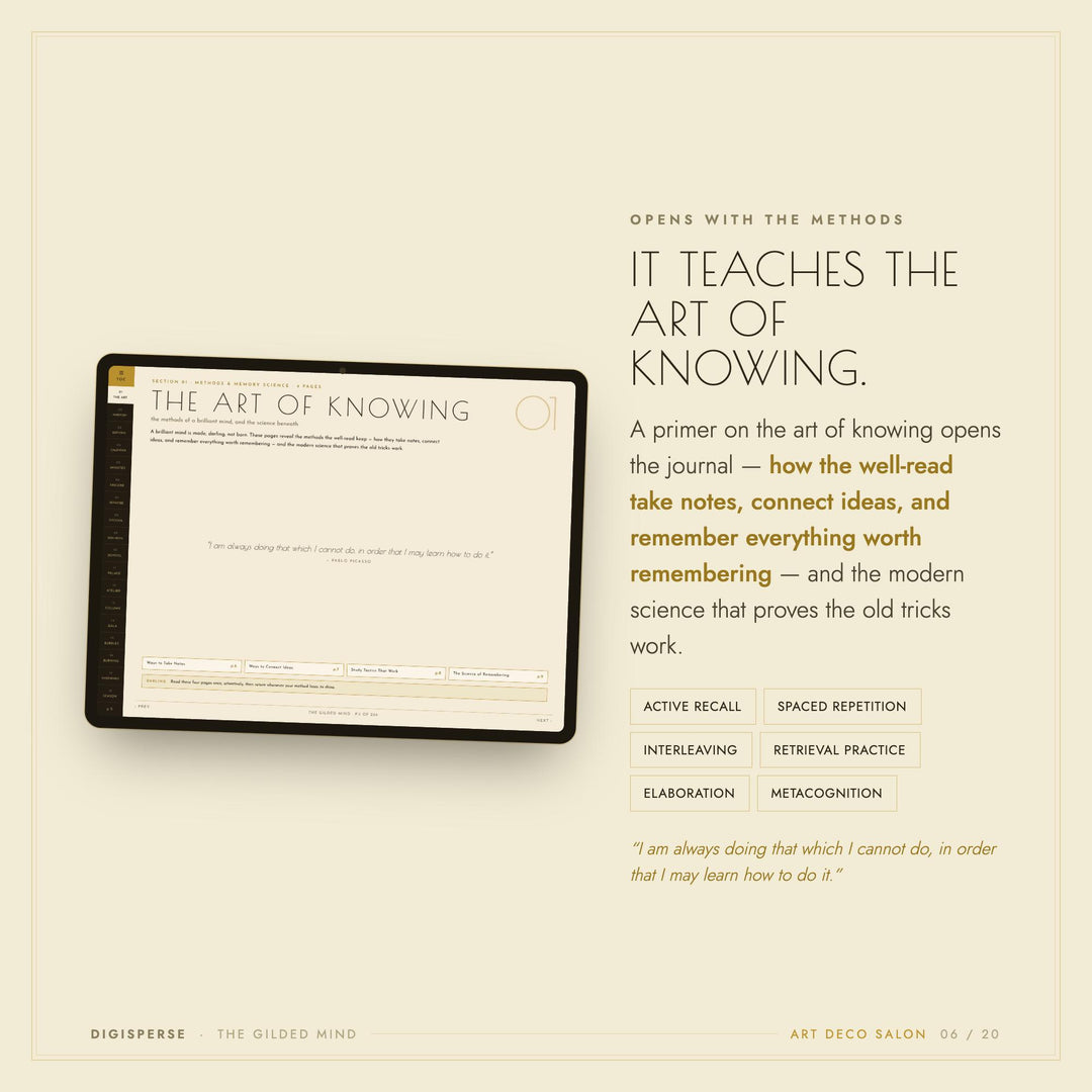 Dated Art Deco Learning Journal | Cornell Notes, Spaced Repetition, Reading Log (Digital Download)