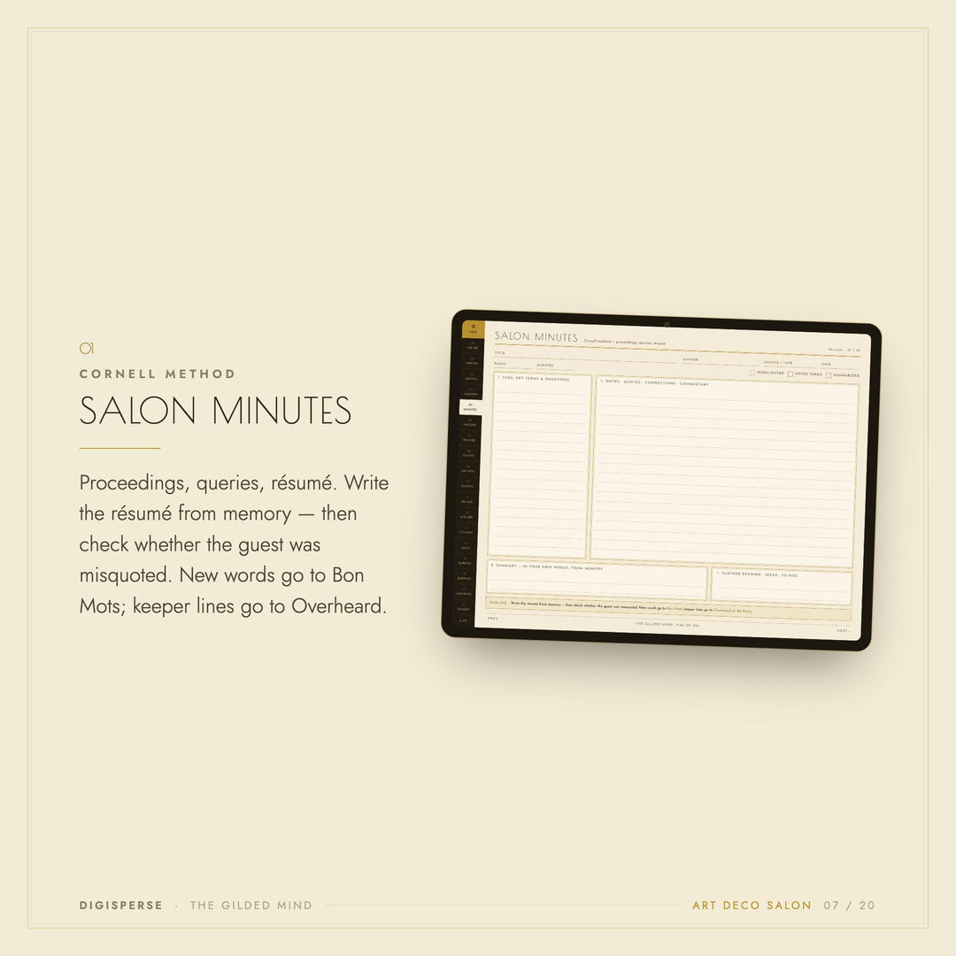 Dated Art Deco Learning Journal | Cornell Notes, Spaced Repetition, Reading Log (Digital Download)