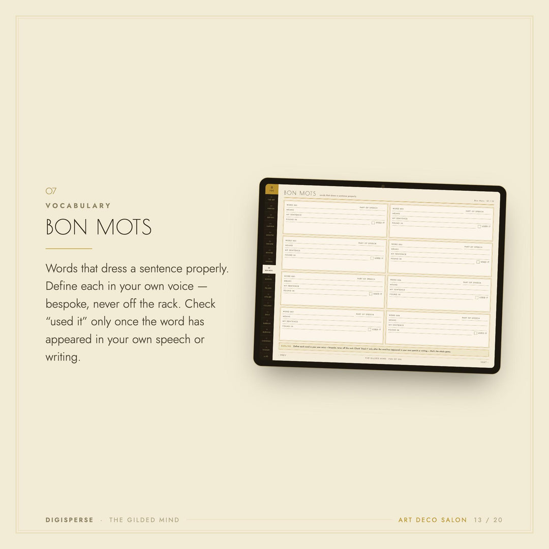 Dated Art Deco Learning Journal | Cornell Notes, Spaced Repetition, Reading Log (Digital Download)