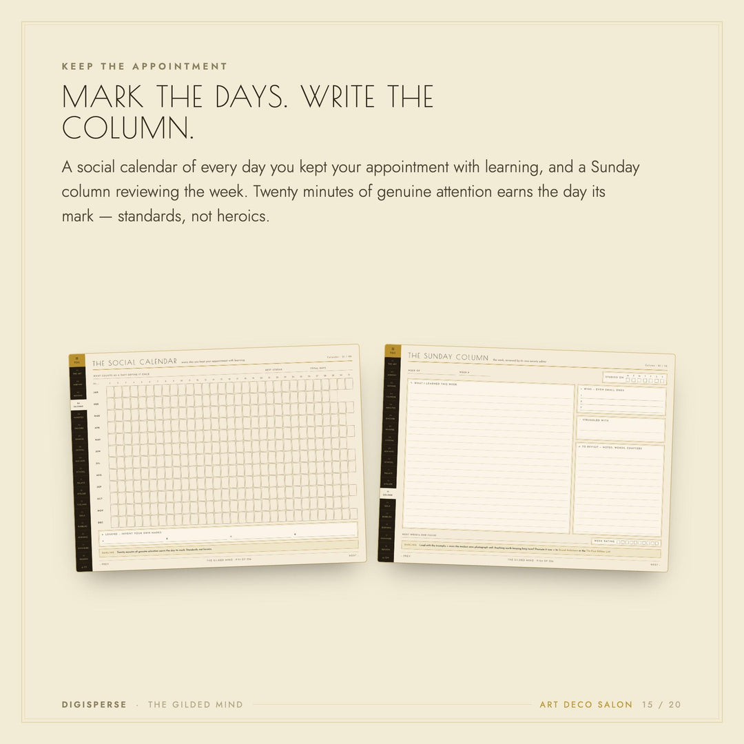 Dated Art Deco Learning Journal | Cornell Notes, Spaced Repetition, Reading Log (Digital Download)