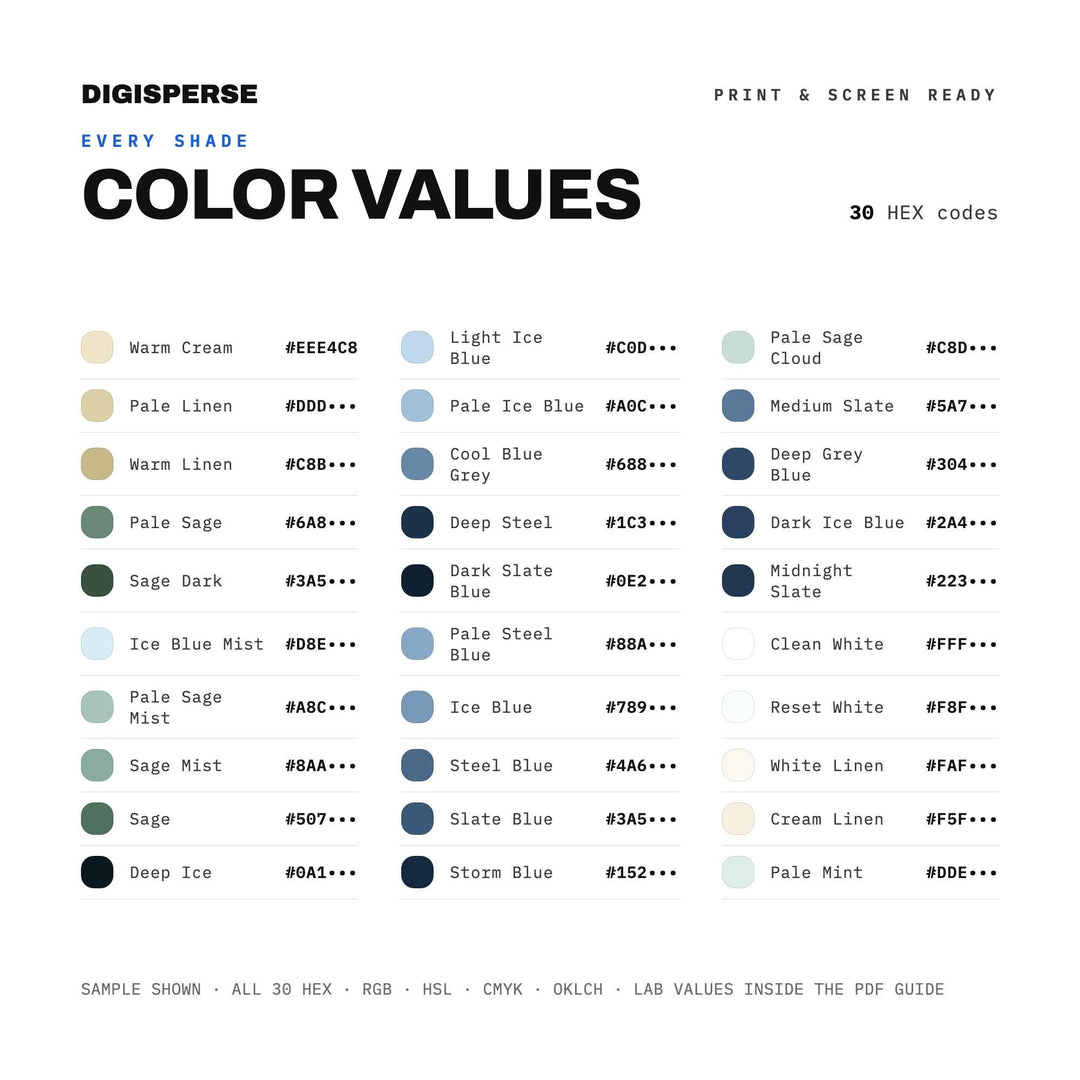 Calm Cool Color Palette for New Year Wellness Art and Minimal Branding, 30 Fresh Reset Hues, Procreate Swatches