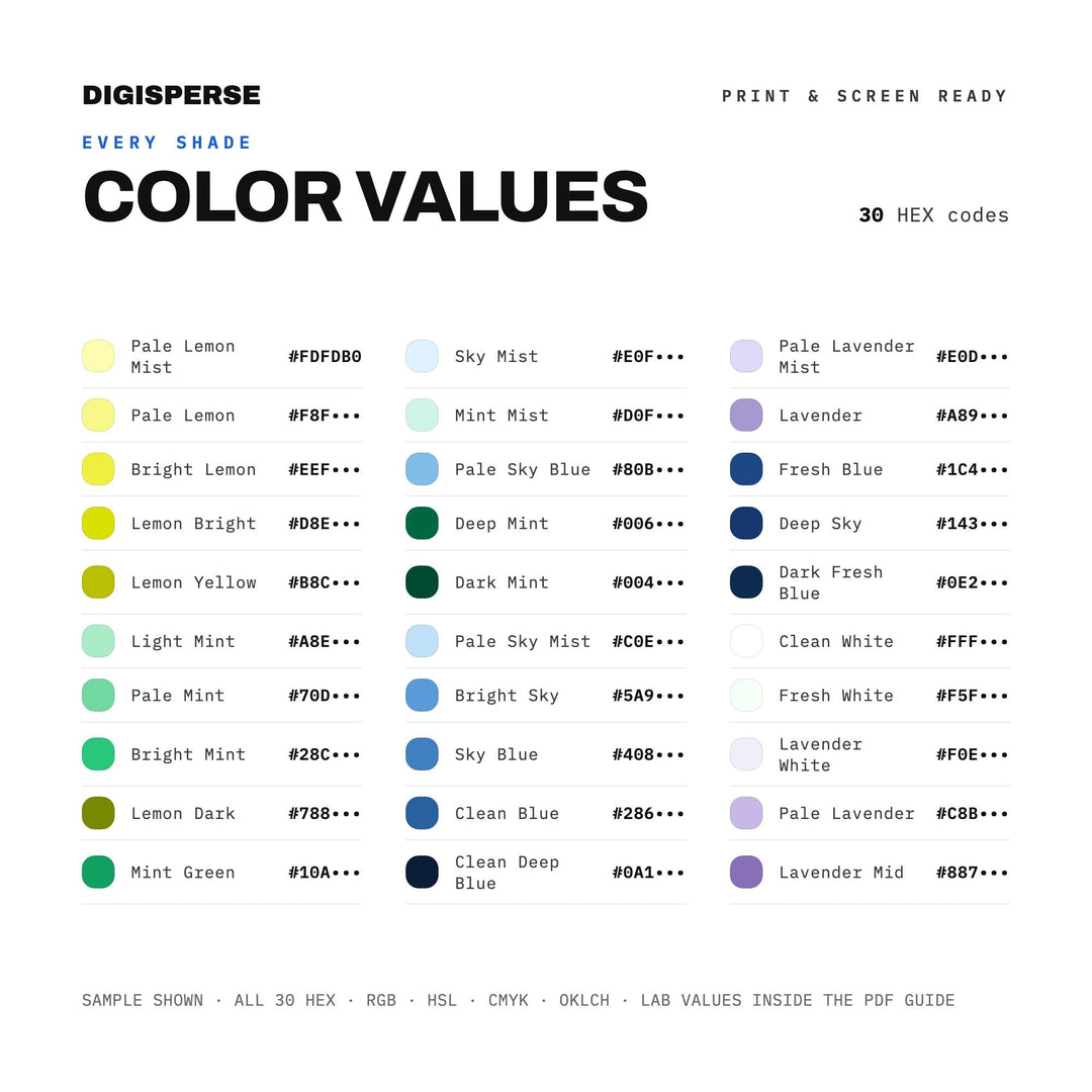 Bright Airy Color Palette for Tidy Home Art and Minimal Clean Branding, 30 Spring Fresh Hues, Procreate Swatches