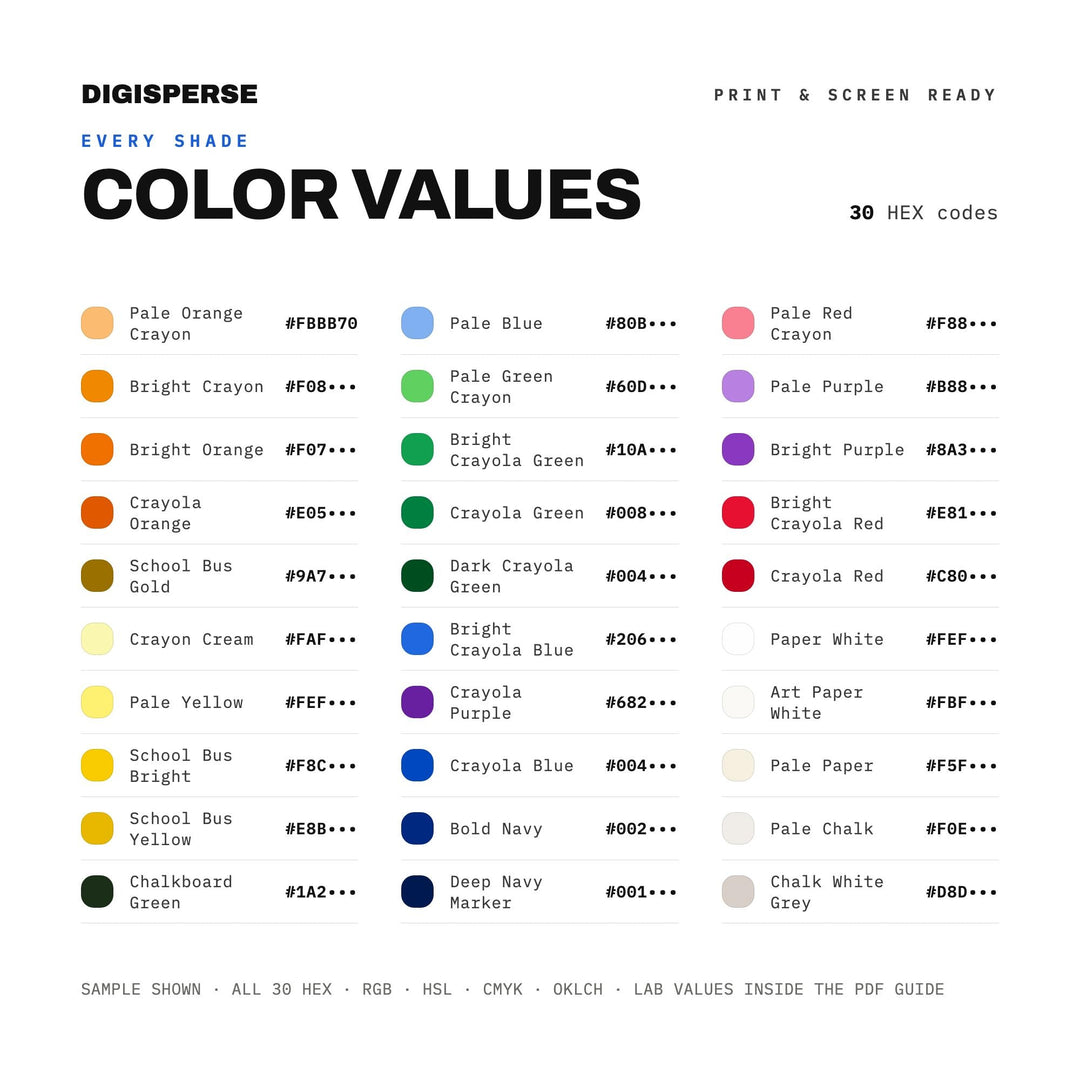 Bright Primary Color Palette for Kids Classroom Art and School Supply Branding, 30 Crayon Bold Hues, Procreate Swatches