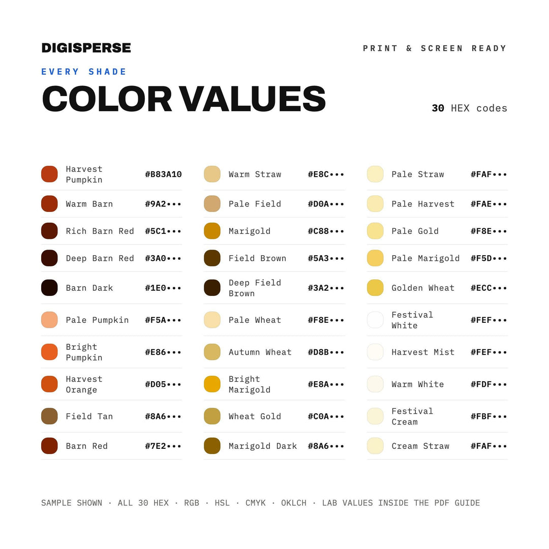 Harvest Festival Color Palette | 30 Colors | Hex RGB CMYK | Procreate Swatches + ASE | Digital Download