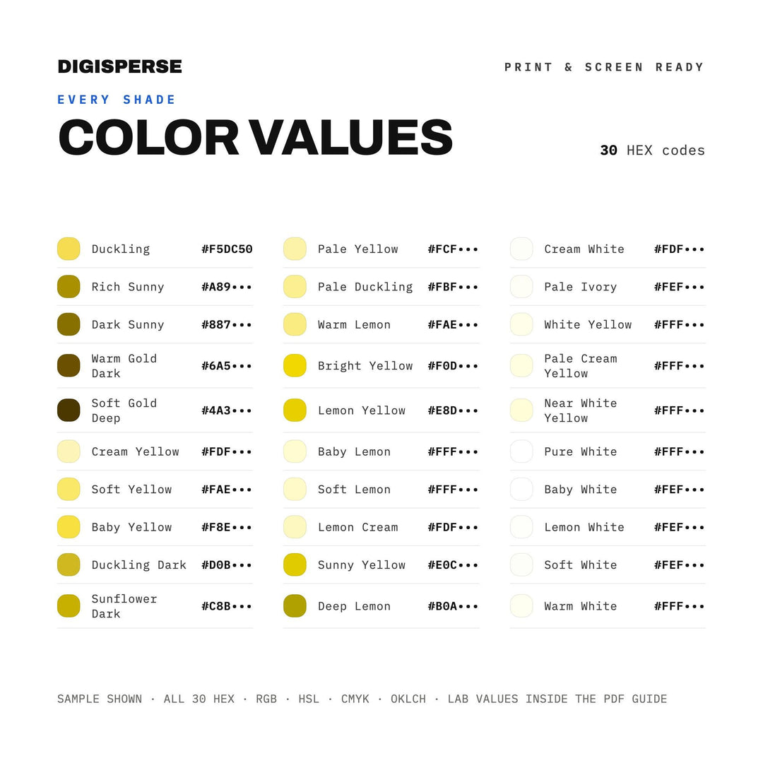 Baby Shower Yellow Color Palette | 30 Colors | Hex RGB CMYK | Procreate Swatches + ASE | Digital Download