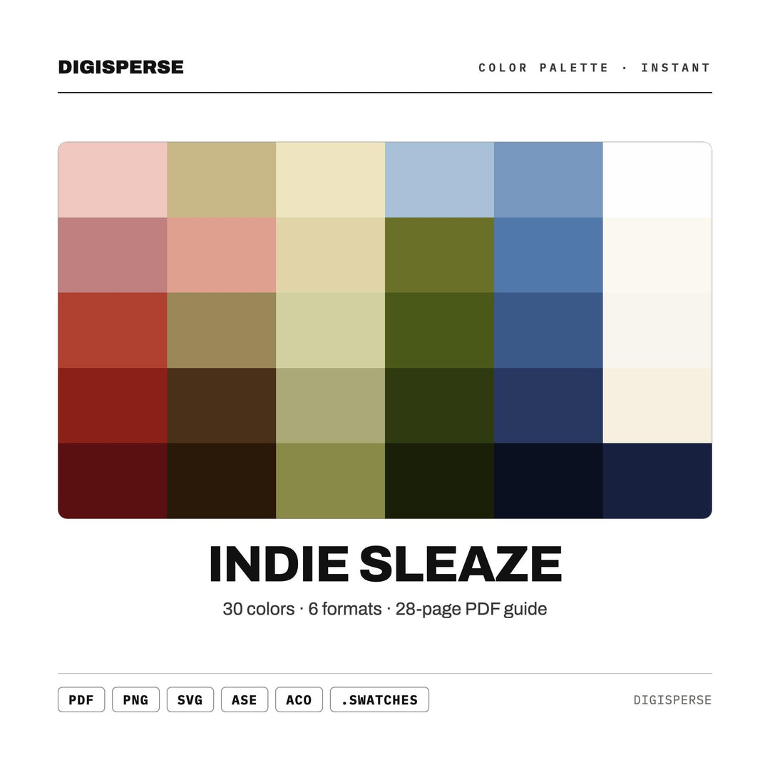 Gritty Flash Color Palette for 2000s Party Art and Grunge Aesthetic Branding, 30 Indie Sleaze Hues, Procreate Swatches