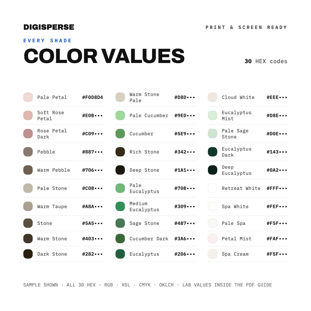 Soft Serene Color Palette for Wellness Spa Art and Calm Relaxation Branding, 30 Retreat Neutral Hues, Procreate Swatches