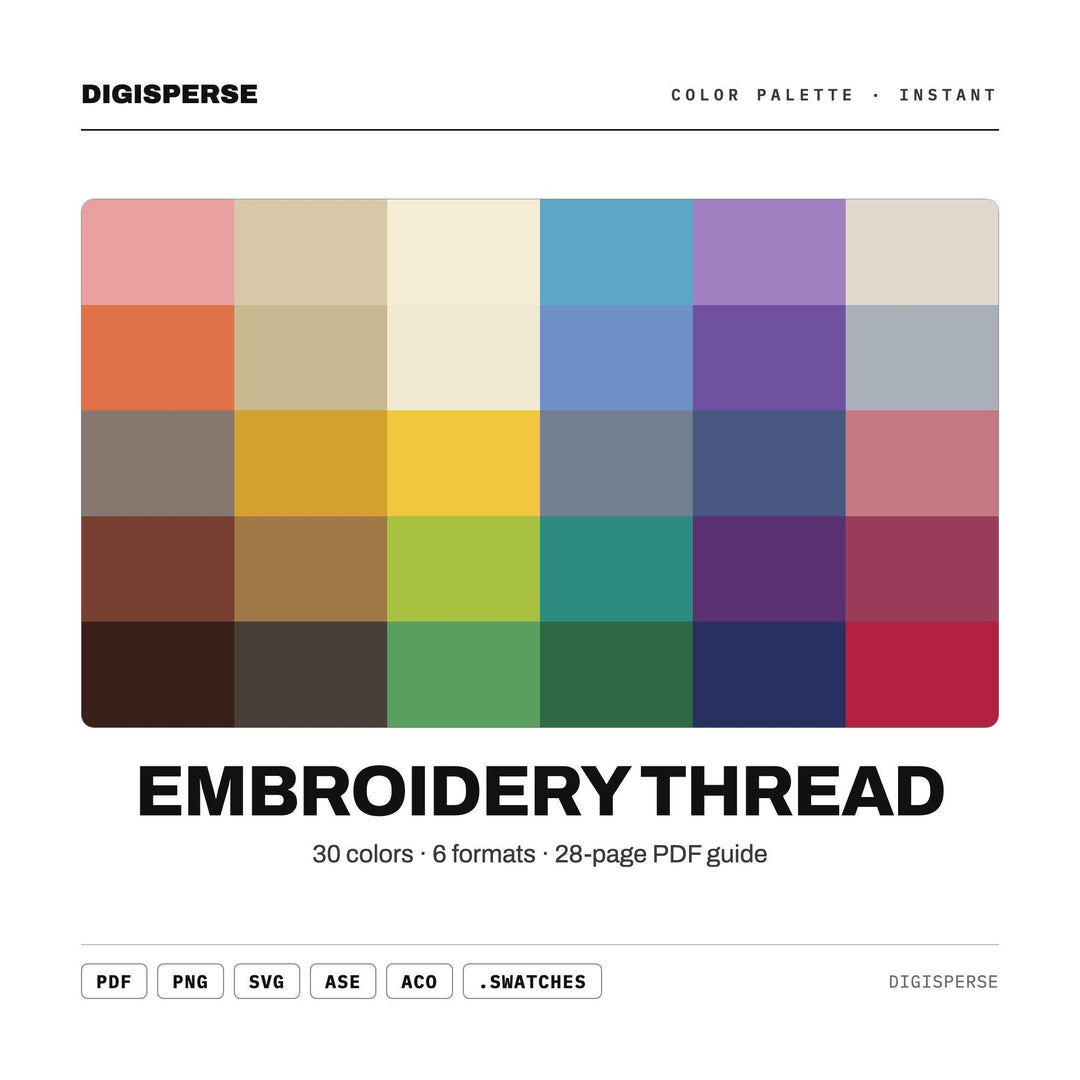 Vibrant Craft Color Palette for Hand Embroidery Art and Fiber Studio Branding, 30 Thread Spool Hues, Procreate Swatches