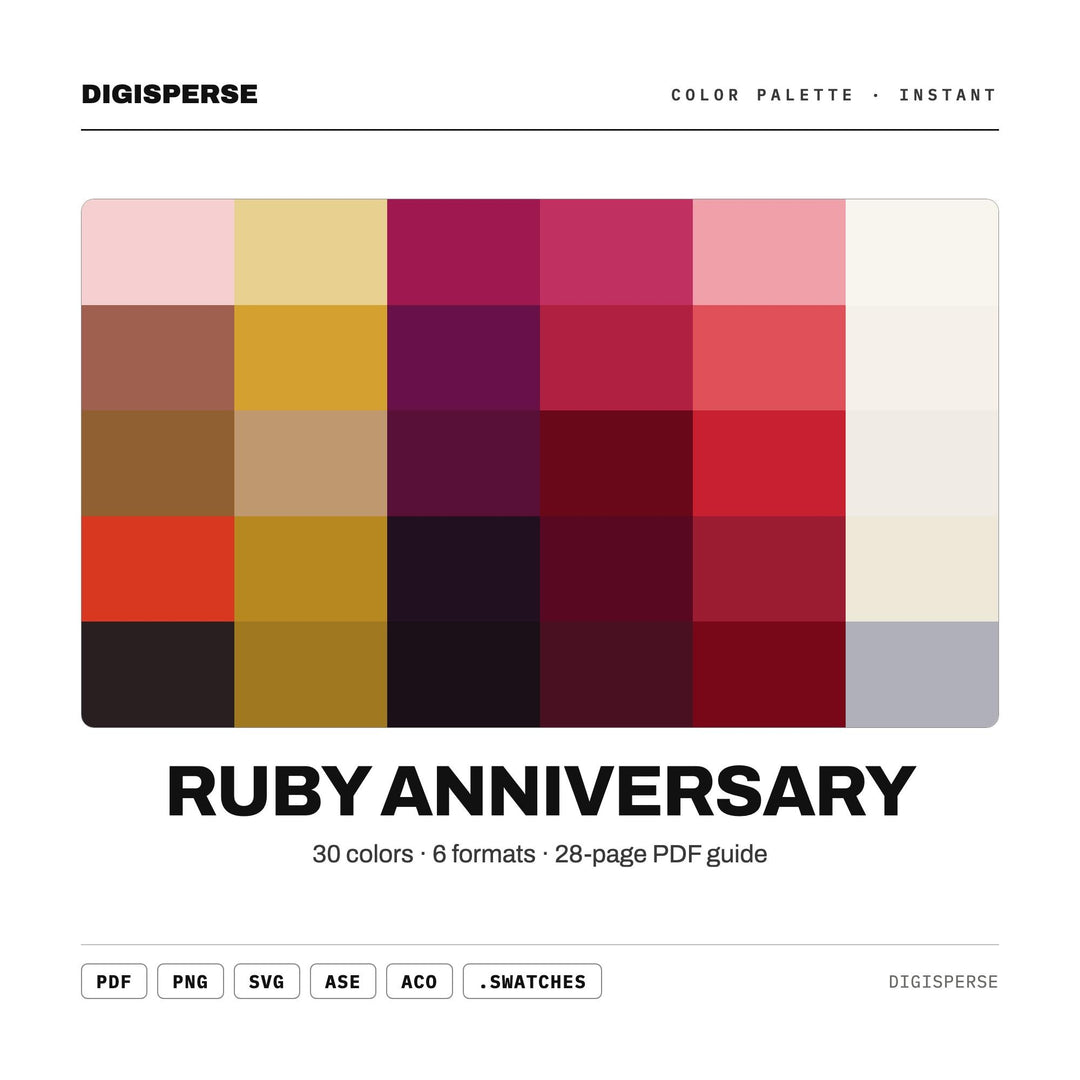 Ruby Anniversary Color Palette | 30 Colors | Hex RGB CMYK | Procreate Swatches + ASE | Digital Download