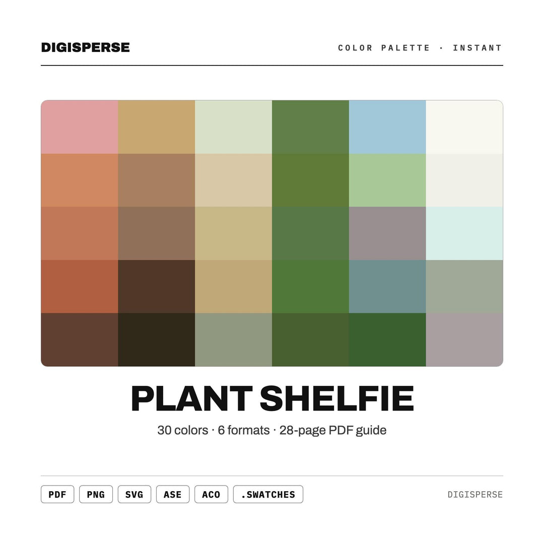 Plant Shelfie Color Palette | 30 Colors | Hex RGB CMYK | Procreate Swatches + ASE | Digital Download