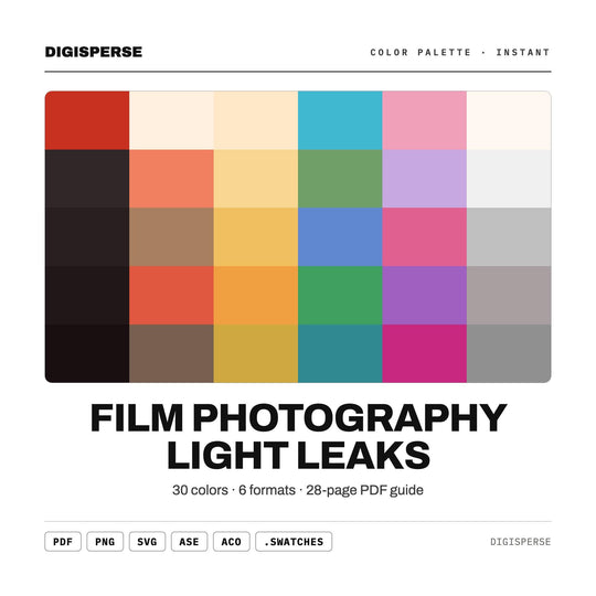 Retro Faded Color Palette for Analog Film Art and Vintage Photo Branding, 30 Light Leak Hues, Procreate Swatches