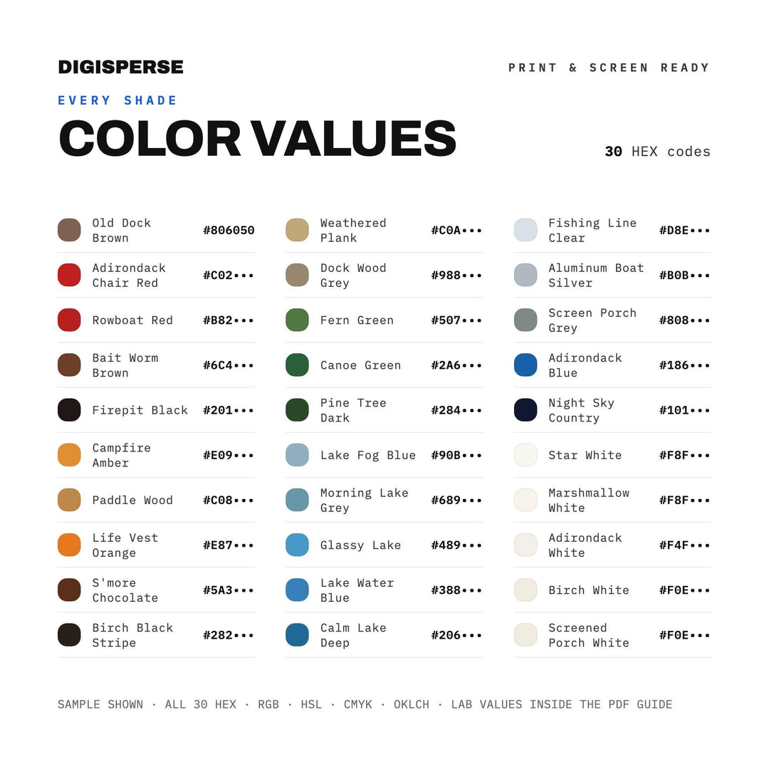 Lake House Weekend Color Palette | 30 Colors | Hex RGB CMYK | Procreate Swatches + ASE | Digital Download