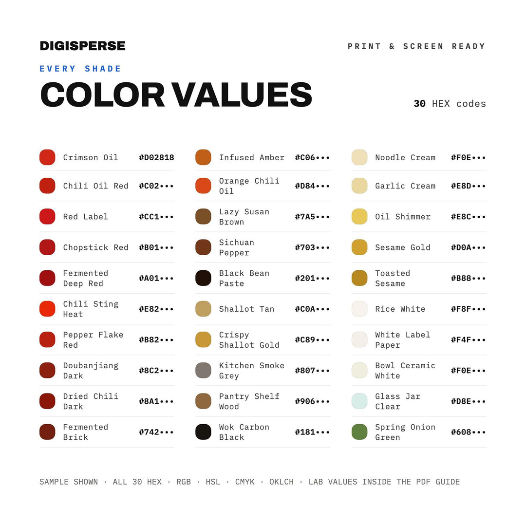 Chili Crisp Jar Color Palette | 30 Colors | Hex RGB CMYK | Procreate Swatches + ASE | Digital Download