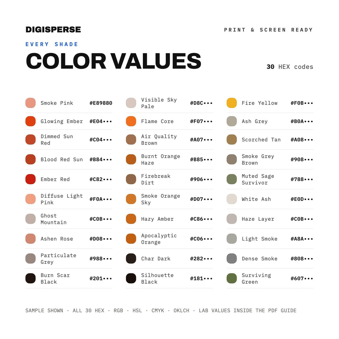 Wildfire Smoke Haze Color Palette | 30 Hex RGB CMYK Swatches (Digital Download)