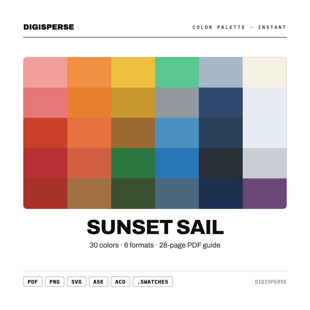 Sunset Sail Color Palette | 30 Colors | Hex RGB CMYK | Procreate Swatches + ASE | Digital Download