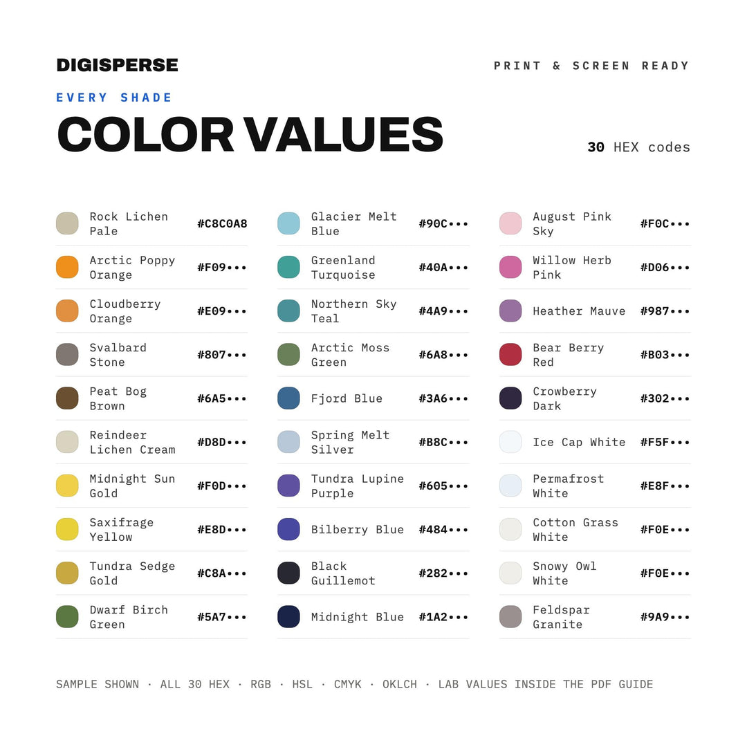 Arctic Wildflower Bloom Color Palette | 30 Procreate Swatches, HEX, RGB, CMYK (Digital Download)