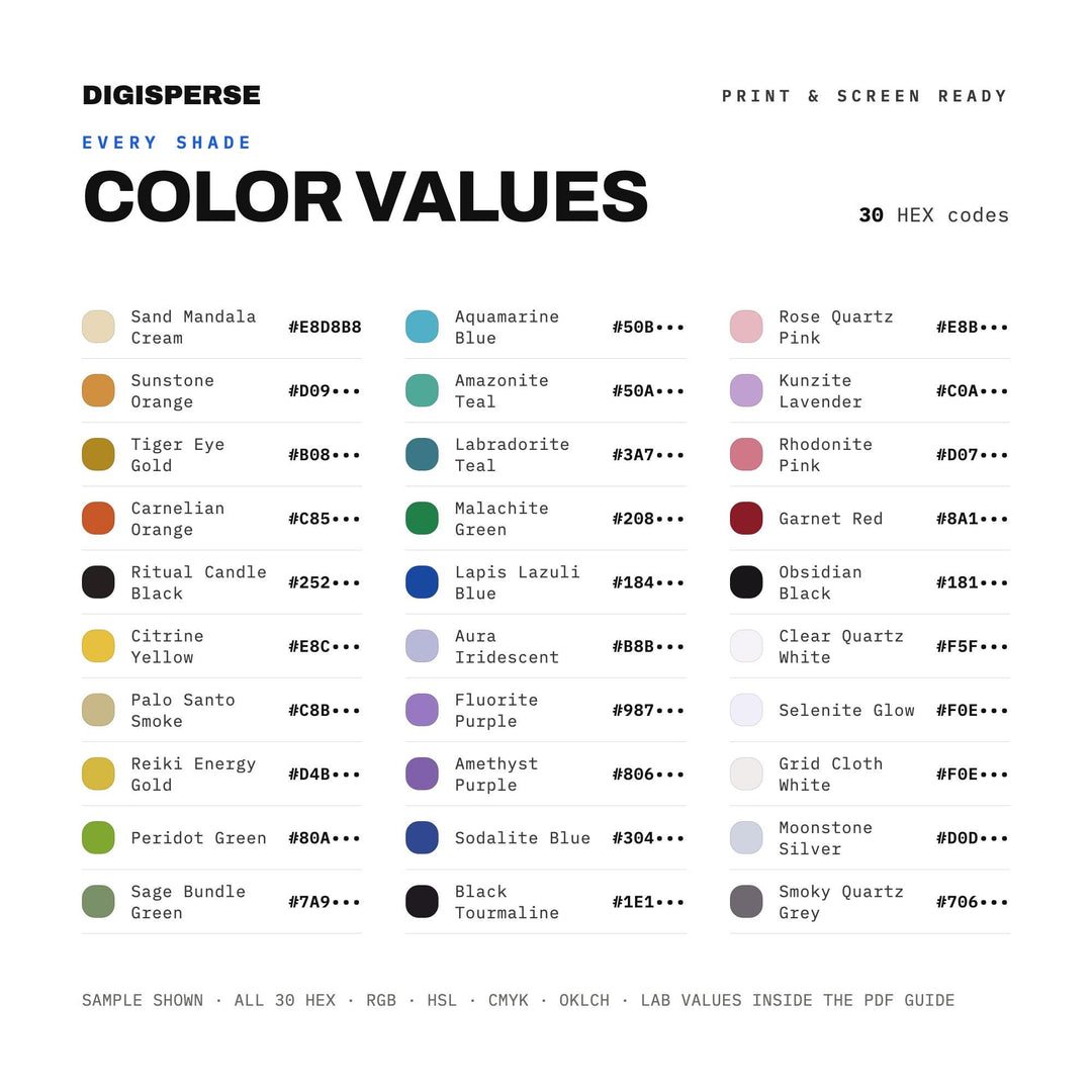 Healing Crystal Grid Color Palette | 30 Procreate Swatches, HEX, RGB, CMYK (Digital Download)