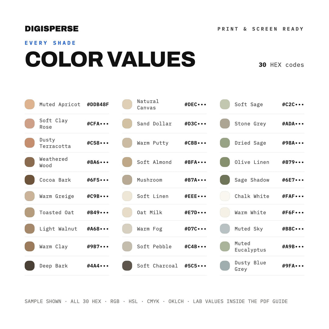 Neutral Montessori Color Palette | 30 Procreate Swatches, HEX, RGB, CMYK (Digital Download)