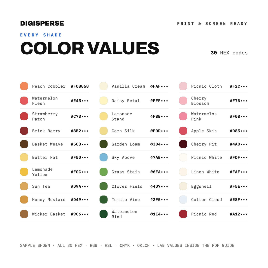 Picnic Gingham Color Palette | 30 Colors | Hex RGB CMYK | Procreate Swatches + ASE | Digital Download