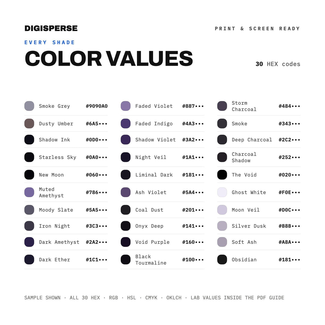 Dark Moon Magic Color Palette | 30 Moody Swatches (Procreate, ASE) (Digital Download)