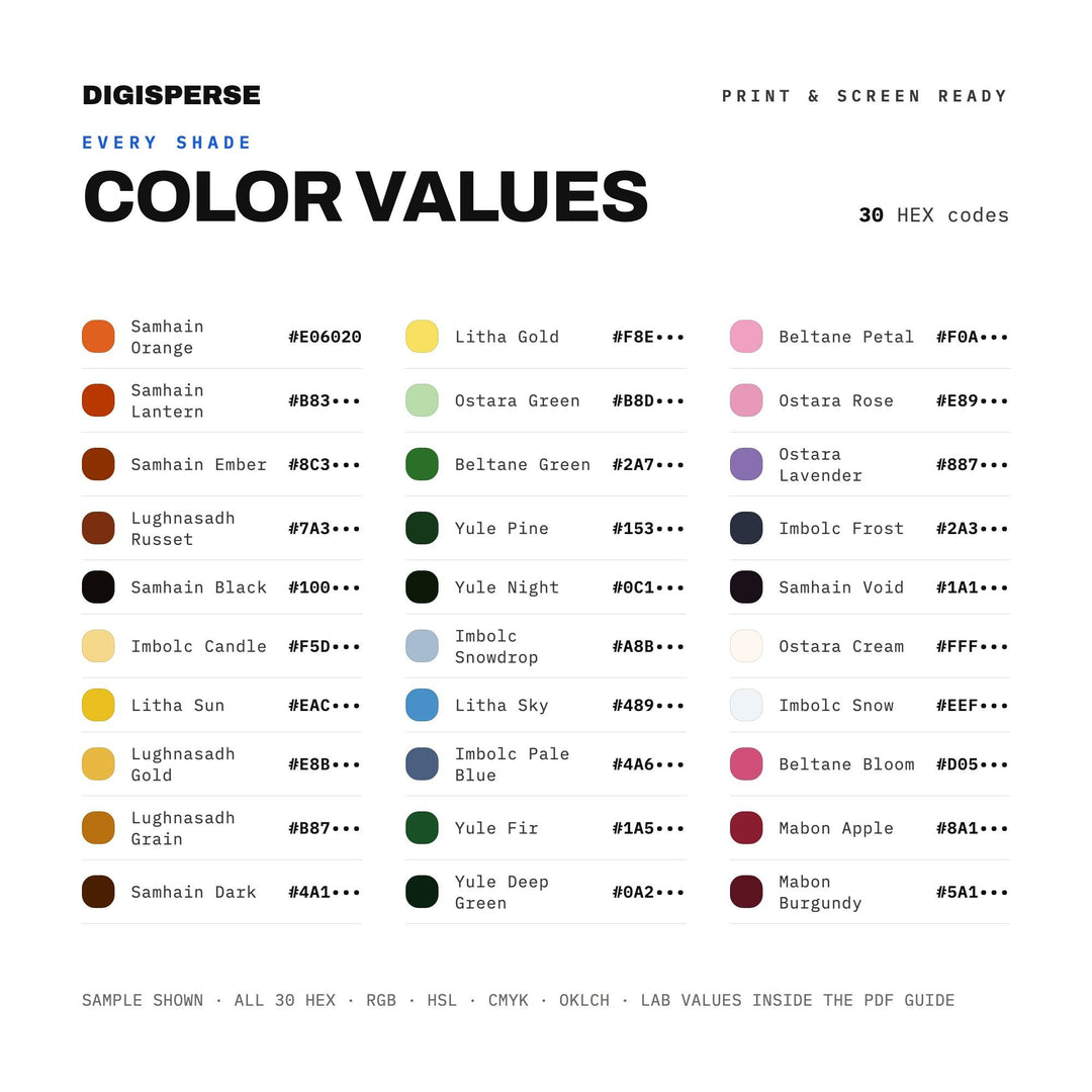 Wheel of the Year Color Palette | 30 Pagan Sabbat Hues (Digital Download)