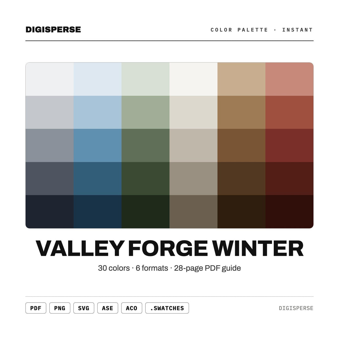 Valley Forge Winter Color Palette | 30 Muted Tones, Hex RGB CMYK (Digital Download)
