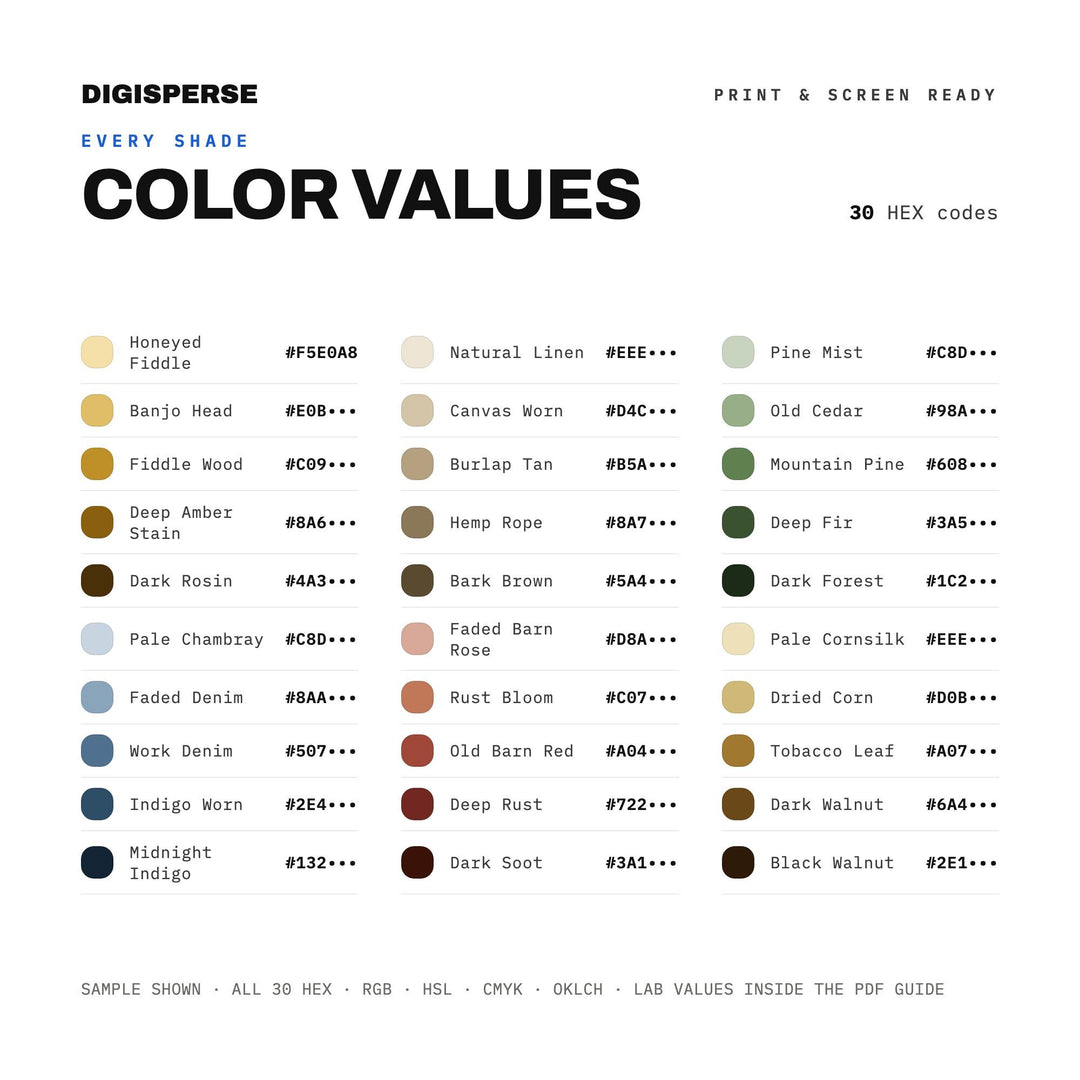 American Folk Revival Color Palette | 30 Warm Rustic Tones (Digital Download)