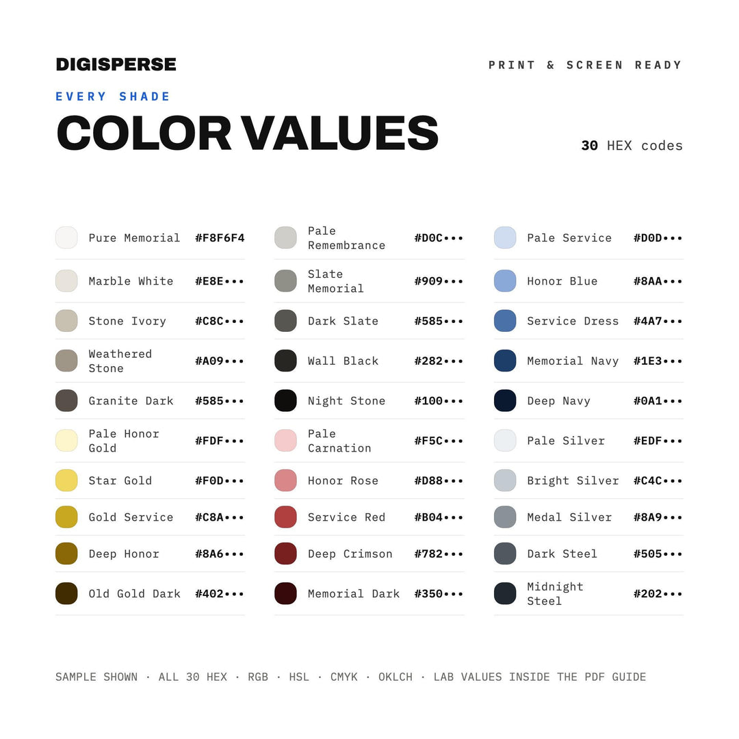 Gold Star Memorial Color Palette | 30 Colors, HEX, RGB, CMYK (Digital Download)