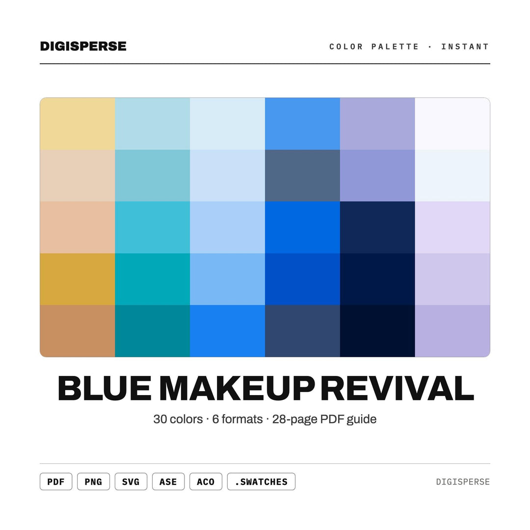 Blue Makeup Revival Color Palette | 30 Colors | Hex RGB CMYK | Procreate Swatches + ASE | Digital Download