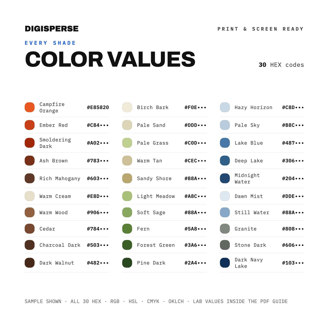 Campfire Lake Weekend Color Palette | 30 Colors | Hex RGB CMYK | Procreate Swatches + ASE | Digital Download