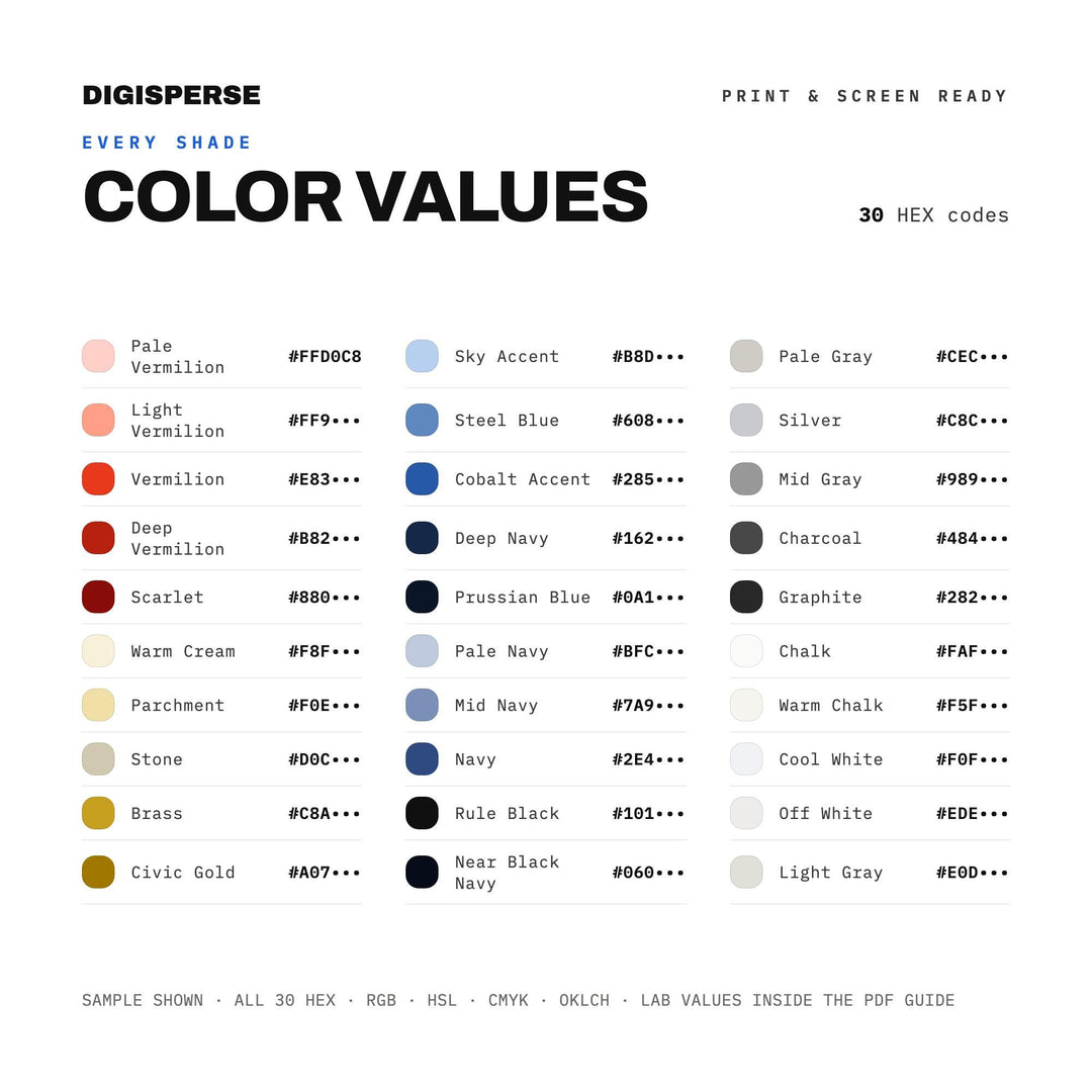 Civic Modernist Color Palette | 30 Colors | Hex RGB CMYK | Procreate Swatches + ASE | Digital Download