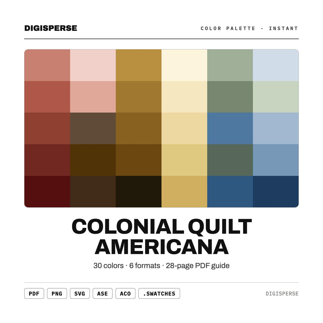 Colonial Quilt Americana Color Palette | 30 Colors | Hex RGB CMYK | Procreate Swatches + ASE | Digital Download